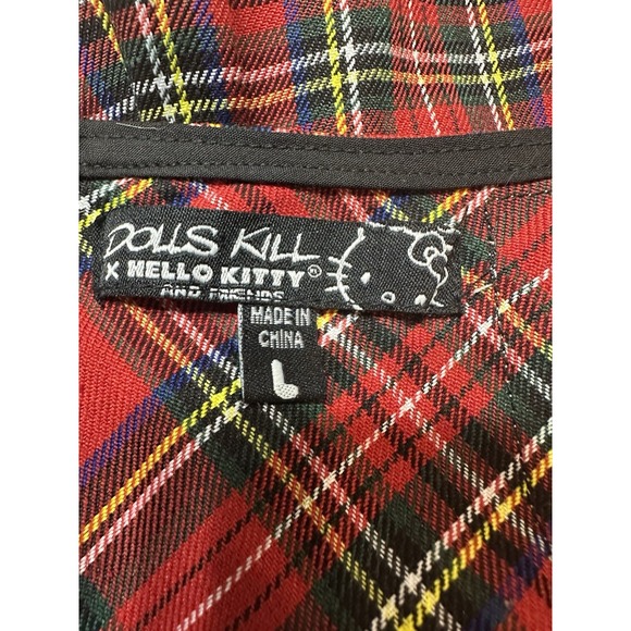 Dolls Kill x Hello Kitty Red Plaid Pleat Punk Mini Skirt L Chains Patches Kawaii - Picture 6 of 8